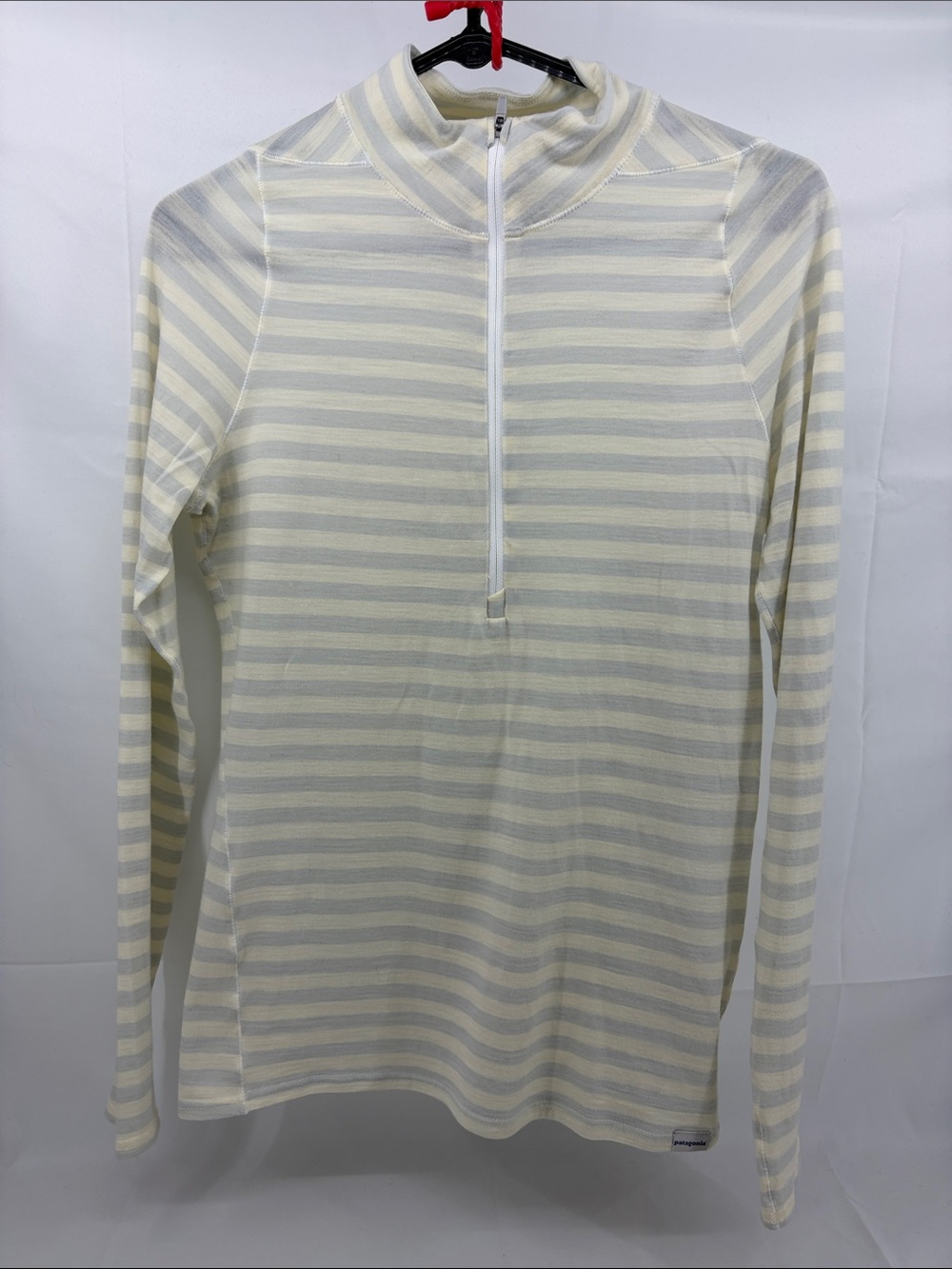 Patagonia Womens Merino Zip-Neck Quarter Zip Stiped Mock Neck Thin Layer, sz M